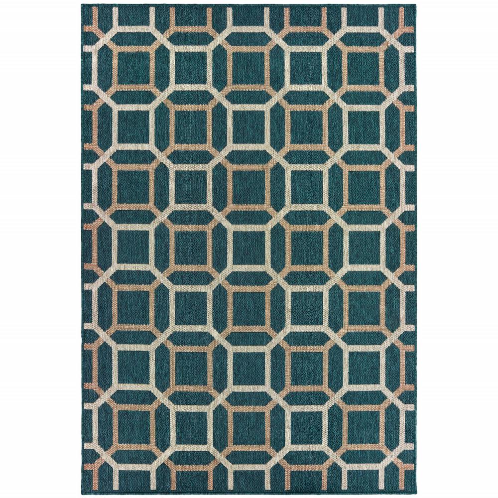 7' x 9' Blue and Gray Geometric Stain Resistant Indoor Outdoor Area Rug. Picture 1