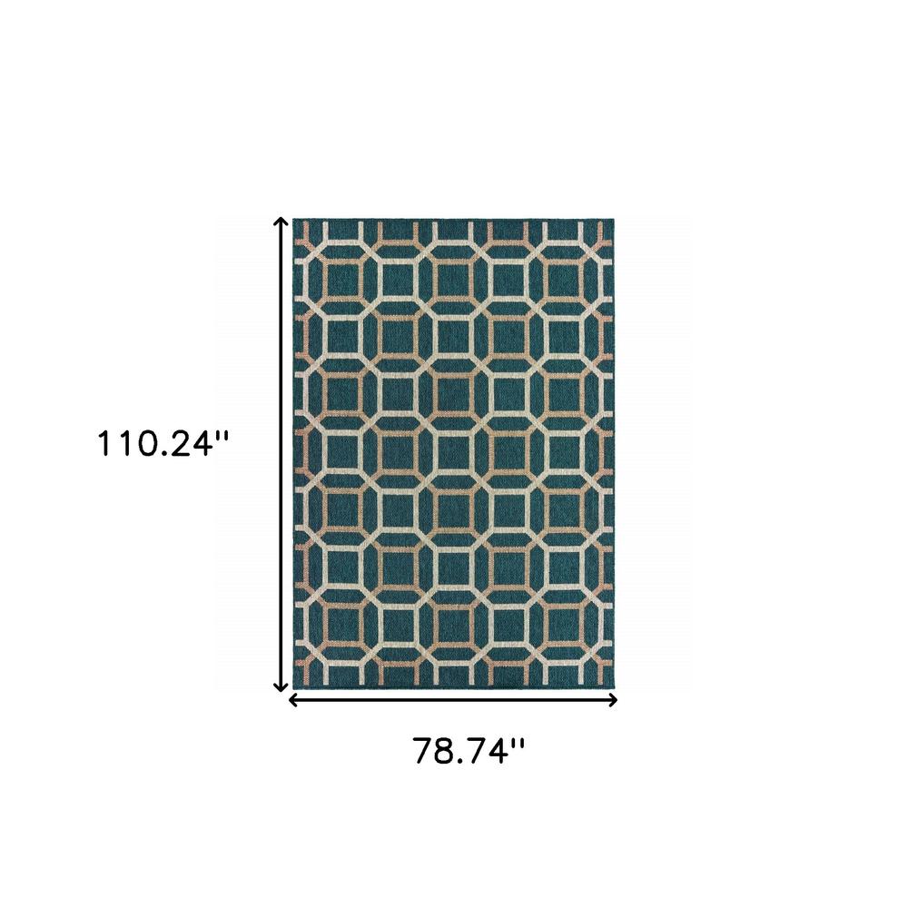 7' x 9' Blue and Gray Geometric Stain Resistant Indoor Outdoor Area Rug. Picture 5