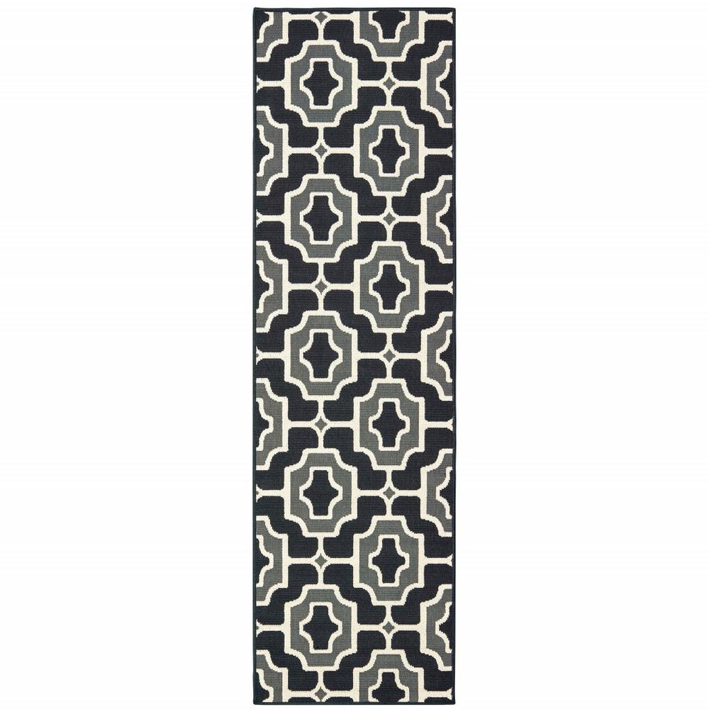2' X 8' Black and Gray Geometric Stain Resistant Indoor Outdoor Area Rug. Picture 1