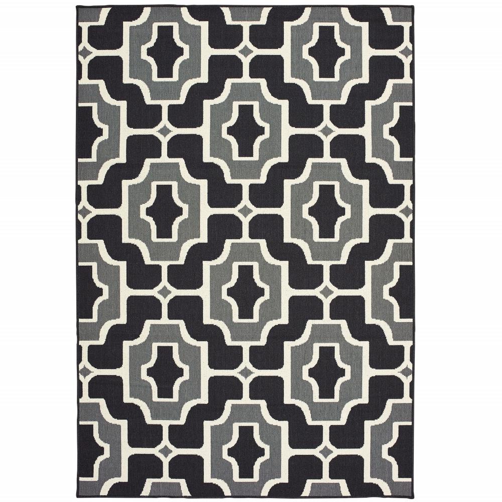2' X 4' Black and Gray Geometric Stain Resistant Indoor Outdoor Area Rug. Picture 1