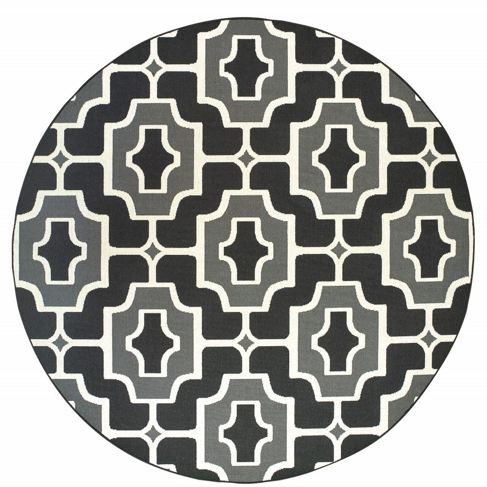 8' x 8' Black and Gray Round Geometric Stain Resistant Indoor Outdoor Area Rug. Picture 1