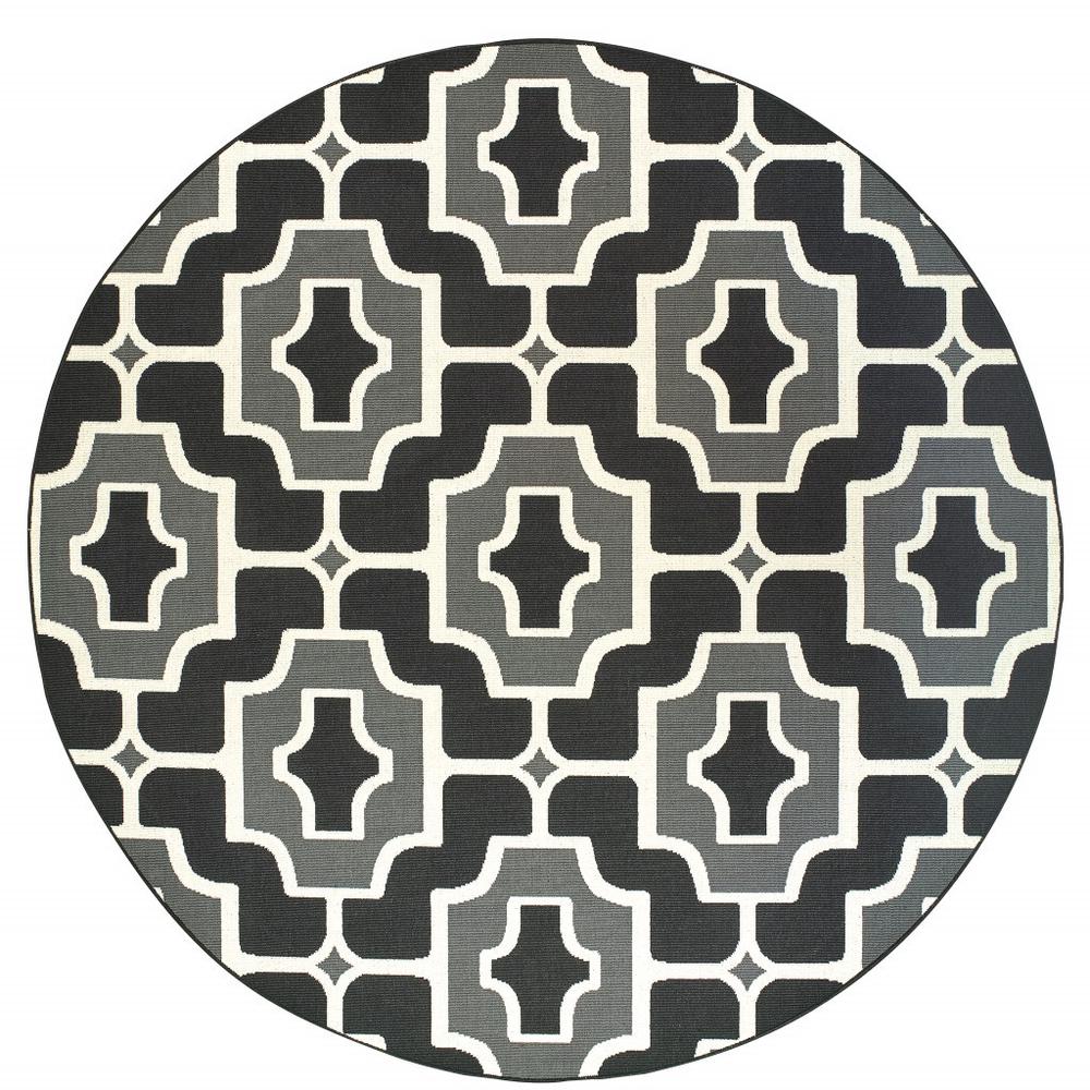 8' x 8' Black and Gray Round Geometric Stain Resistant Indoor Outdoor Area Rug. Picture 2