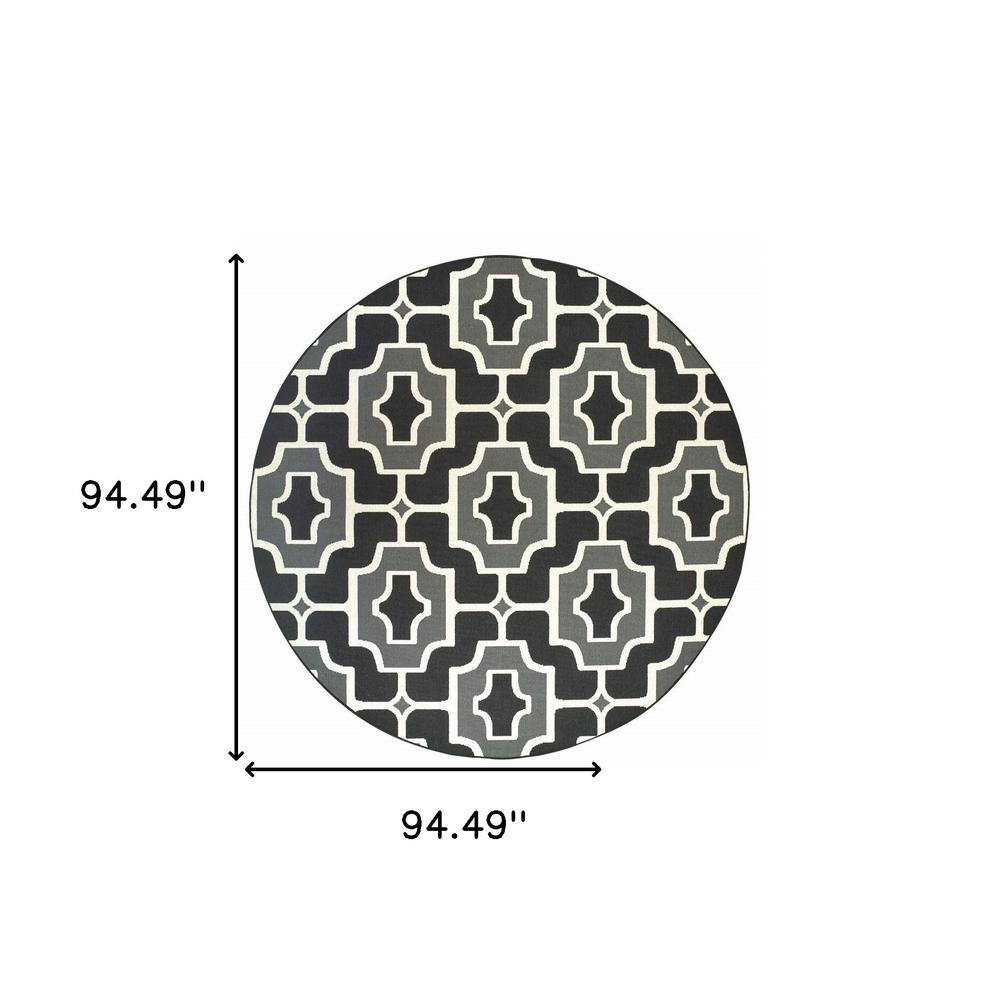 8' x 8' Black and Gray Round Geometric Stain Resistant Indoor Outdoor Area Rug. Picture 4
