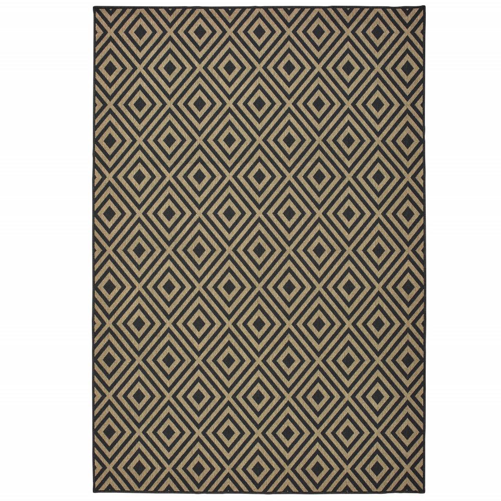 2' X 4' Black and Tan Geometric Stain Resistant Indoor Outdoor Area Rug. Picture 1