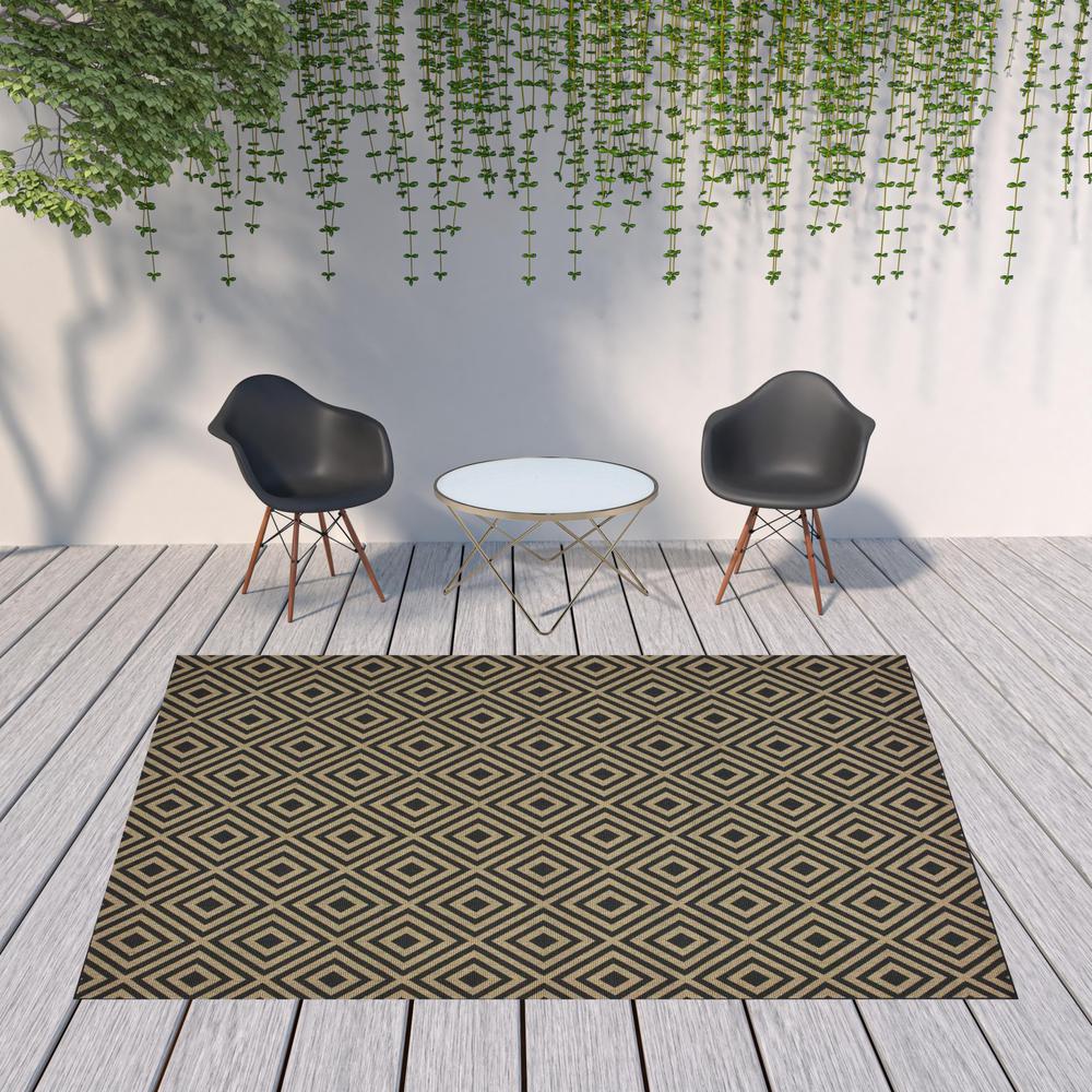 8' x 11' Black and Tan Geometric Stain Resistant Indoor Outdoor Area Rug. Picture 2