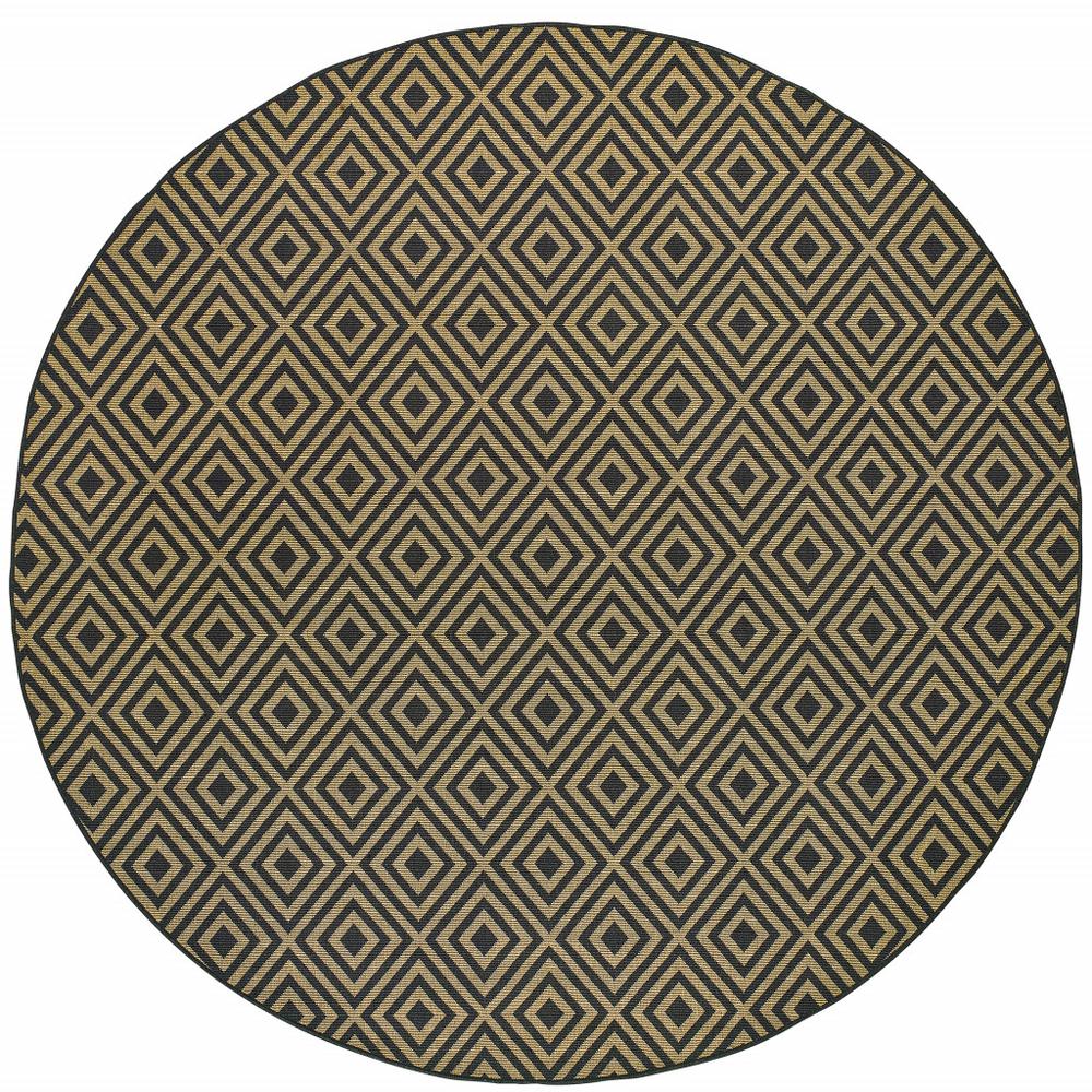 8' x 8' Black and Tan Round Geometric Stain Resistant Indoor Outdoor Area Rug. Picture 1