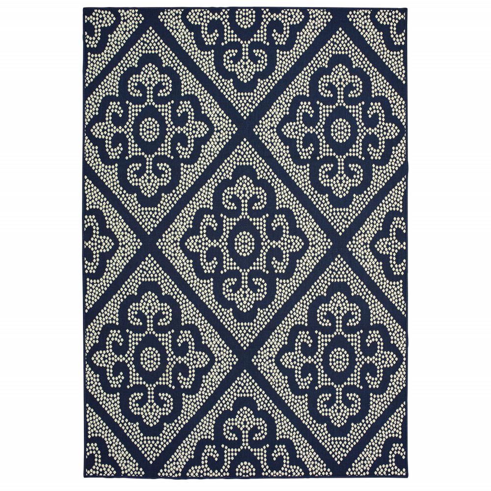2' X 4' Blue and Ivory Geometric Stain Resistant Indoor Outdoor Area Rug. Picture 1