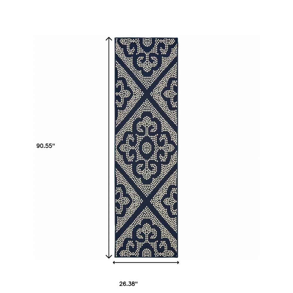 2' X 8' Blue and Ivory Geometric Stain Resistant Indoor Outdoor Area Rug. Picture 5