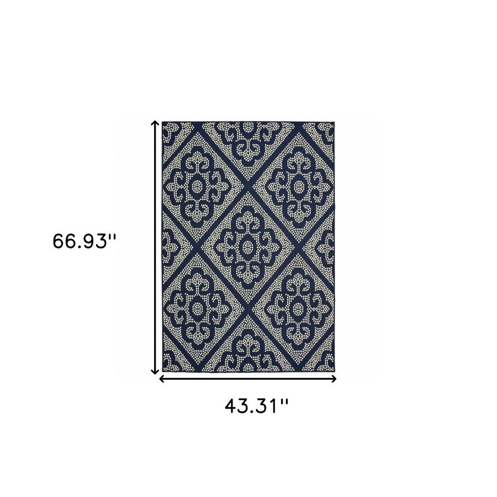 4' x 6' Blue and Ivory Geometric Stain Resistant Indoor Outdoor Area Rug. Picture 5