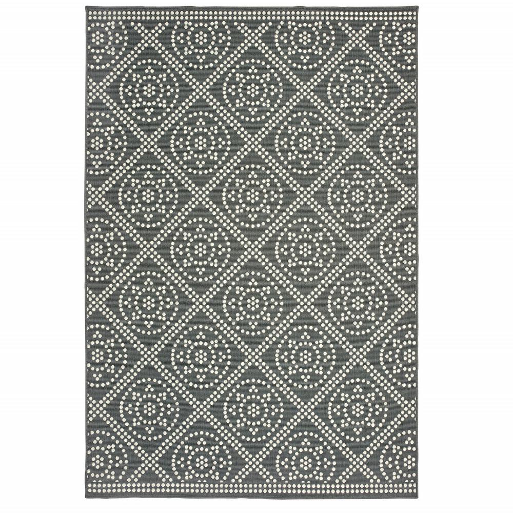 5' x 8' Gray and Ivory Geometric Stain Resistant Indoor Outdoor Area Rug. Picture 1