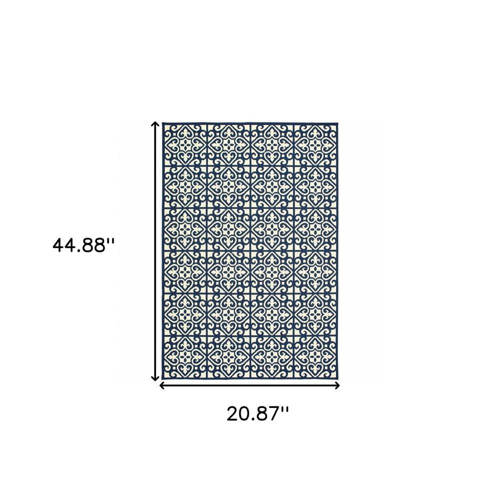 2' X 4' Ivory and Blue Geometric Stain Resistant Indoor Outdoor Area Rug. Picture 5