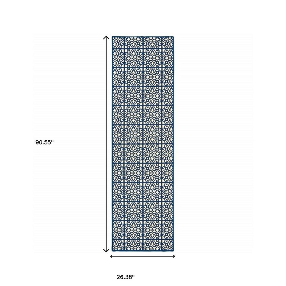 2' X 8' Ivory and Blue Geometric Stain Resistant Indoor Outdoor Area Rug. Picture 4