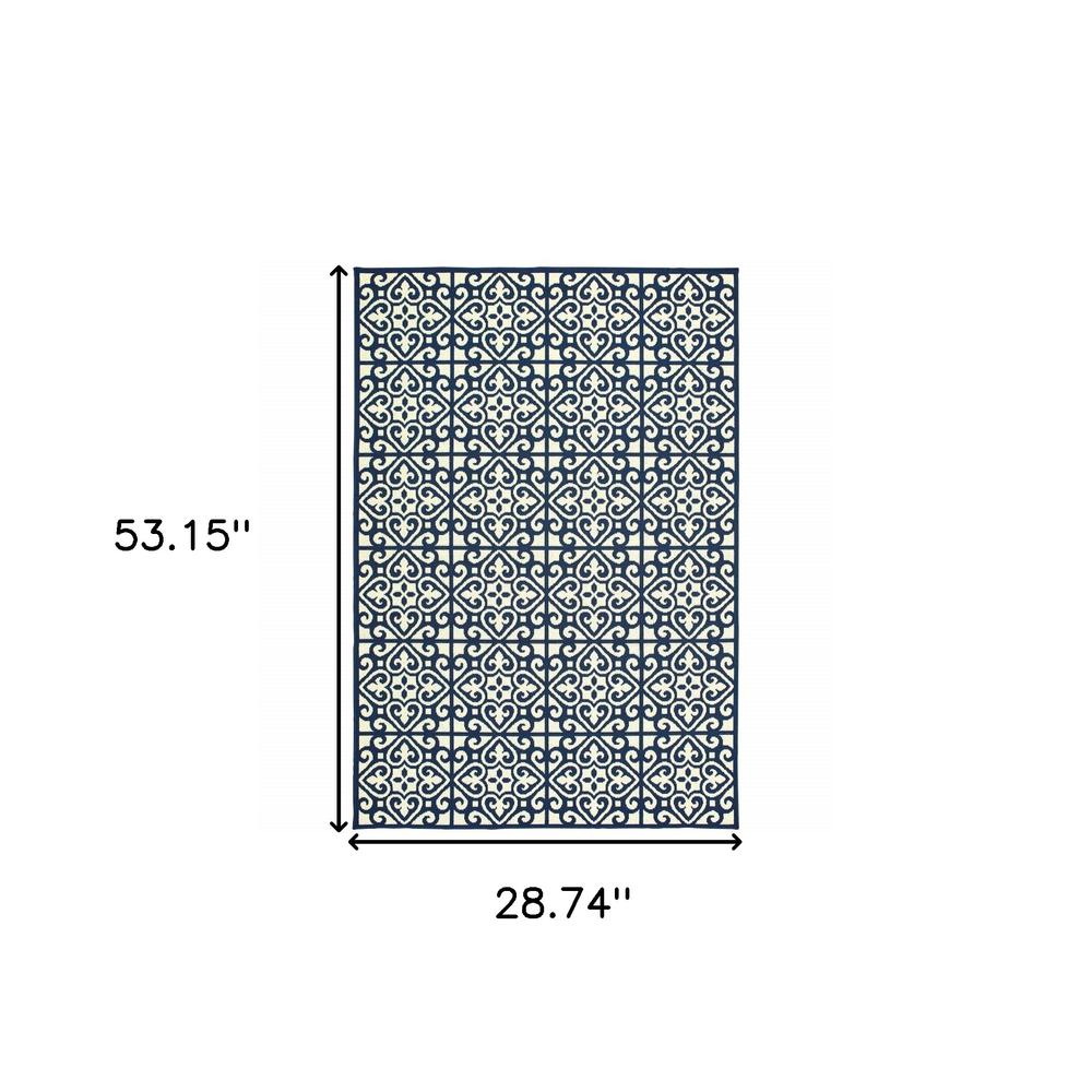 2' X 4' Ivory and Blue Geometric Stain Resistant Indoor Outdoor Area Rug. Picture 5