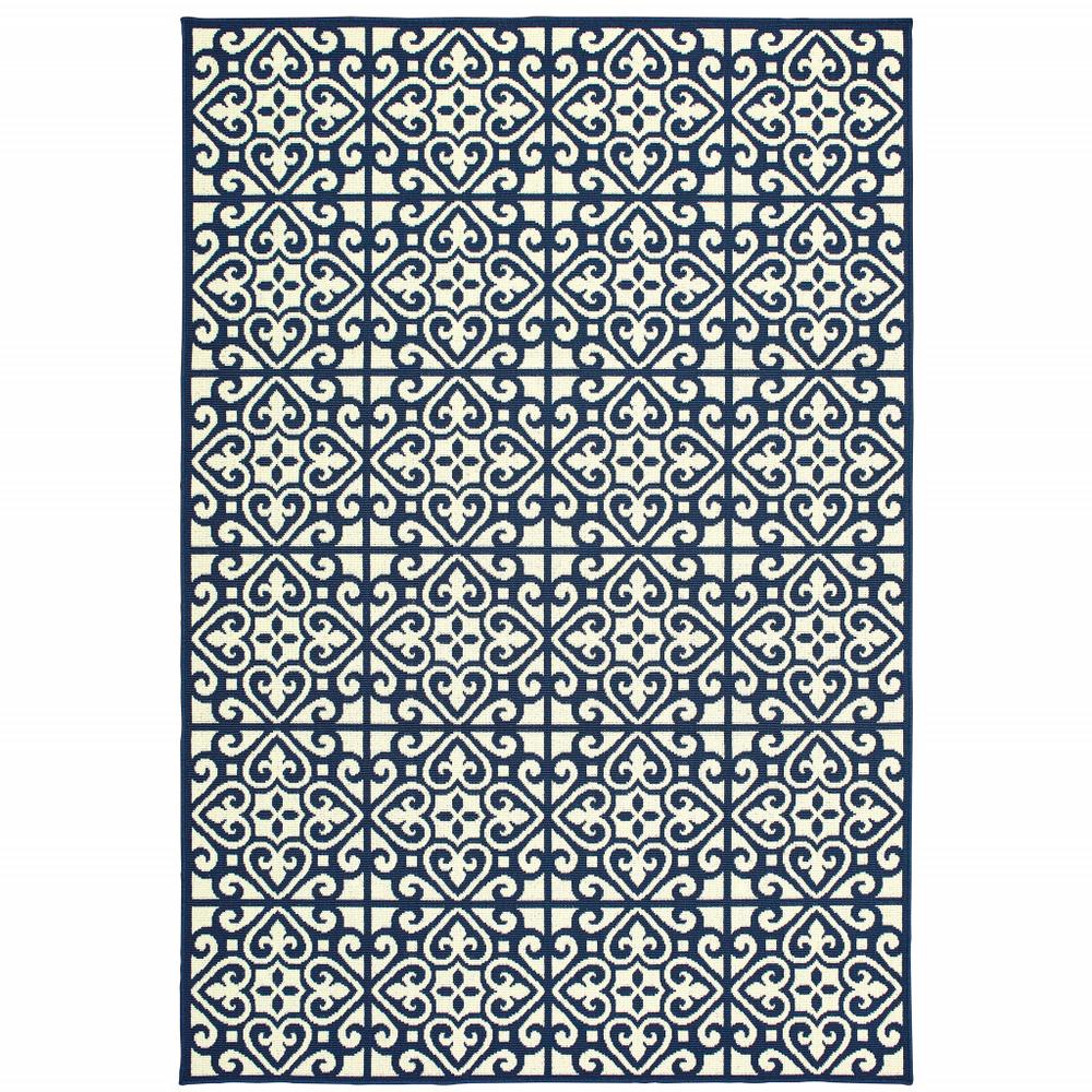 4' x 6' Ivory and Blue Geometric Stain Resistant Indoor Outdoor Area Rug. Picture 1