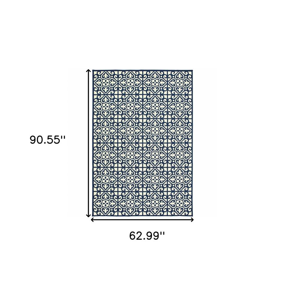 5' x 8' Ivory and Blue Geometric Stain Resistant Indoor Outdoor Area Rug. Picture 5