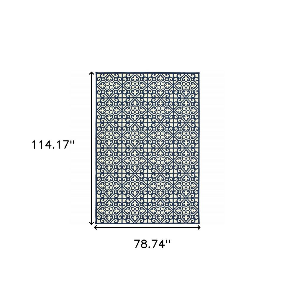 7' x 10' Ivory and Blue Geometric Stain Resistant Indoor Outdoor Area Rug. Picture 5