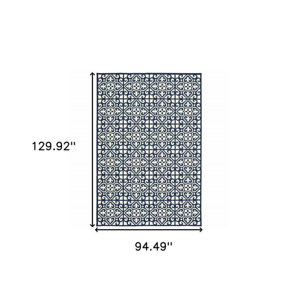 8' x 11' Ivory and Blue Geometric Stain Resistant Indoor Outdoor Area Rug. Picture 5