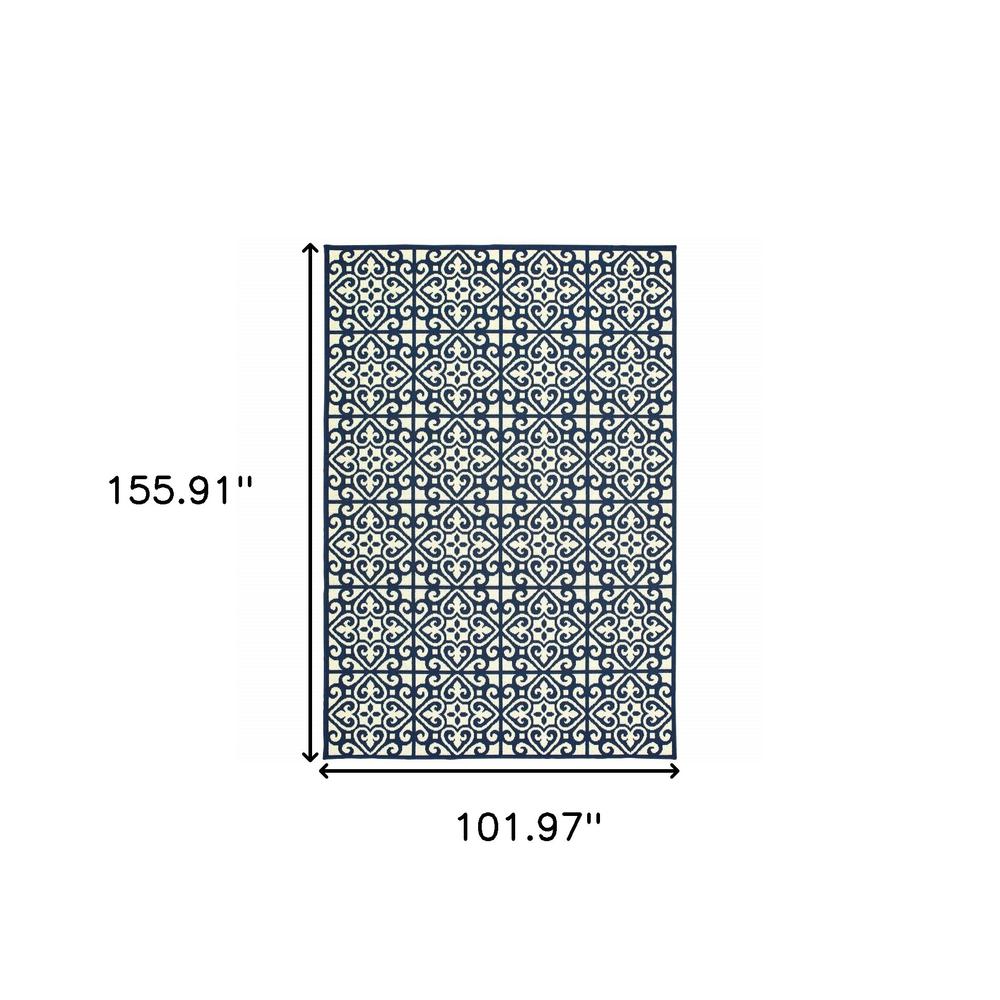 9' X 13' Ivory and Blue Geometric Stain Resistant Indoor Outdoor Area Rug. Picture 5