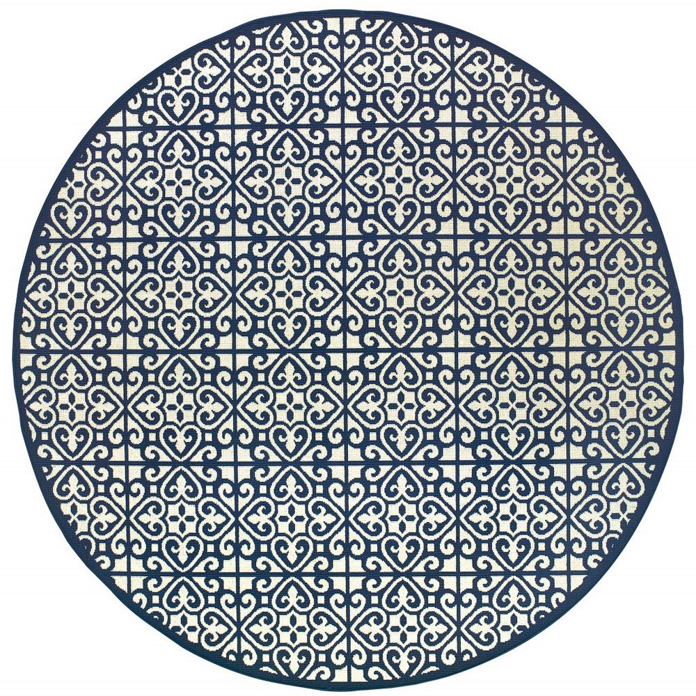 8' x 8' Ivory and Blue Round Geometric Stain Resistant Indoor Outdoor Area Rug. Picture 2