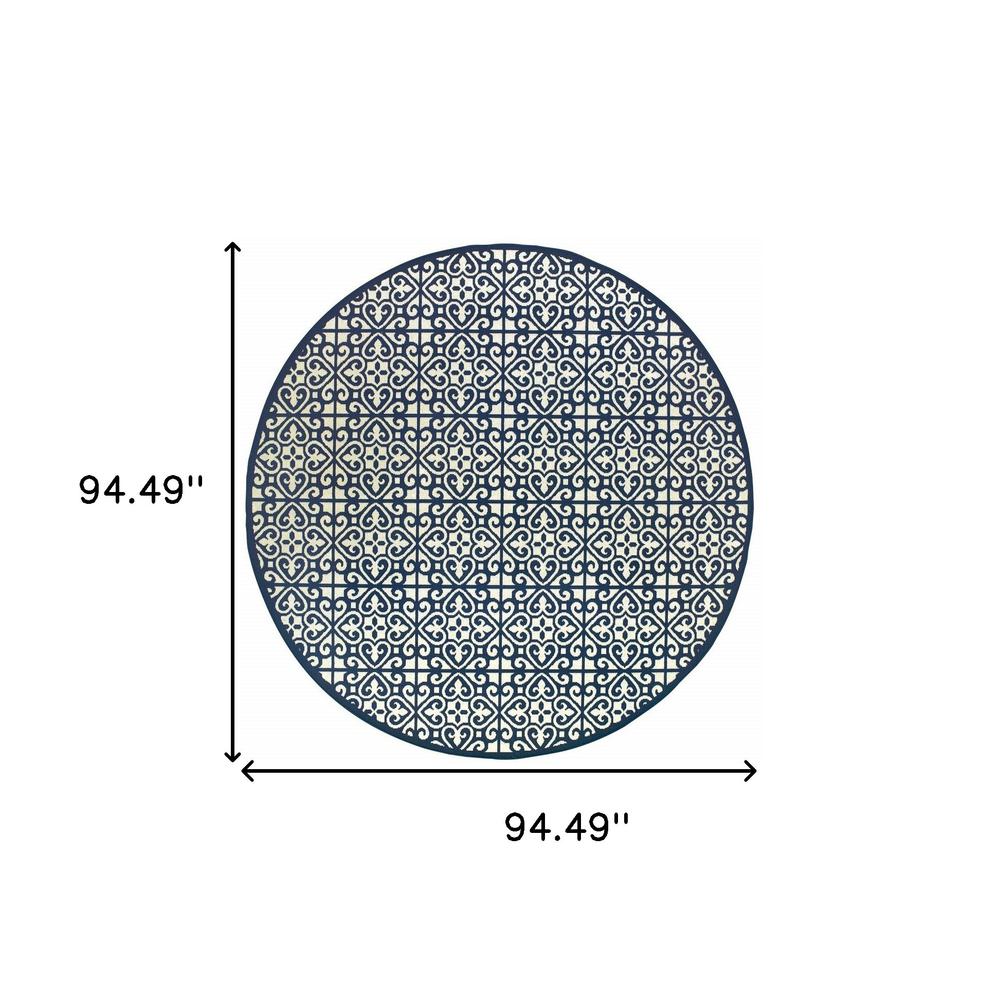 8' x 8' Ivory and Blue Round Geometric Stain Resistant Indoor Outdoor Area Rug. Picture 4