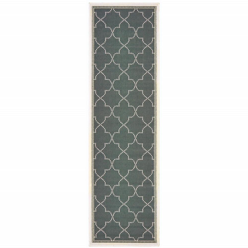 2' X 8' Gray and Ivory Geometric Stain Resistant Indoor Outdoor Area Rug. Picture 1