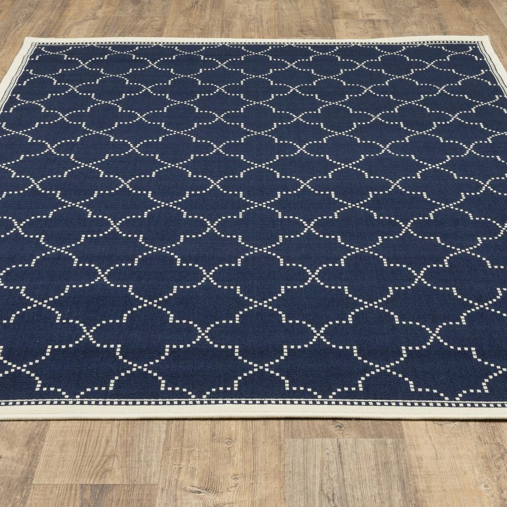 2' X 4' Blue and Ivory Geometric Stain Resistant Indoor Outdoor Area Rug. Picture 7