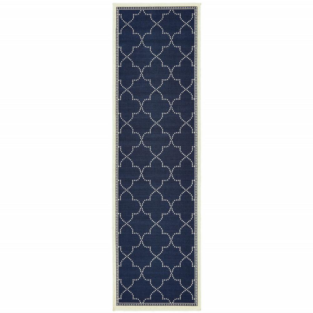2' X 8' Blue and Ivory Geometric Stain Resistant Indoor Outdoor Area Rug. Picture 1