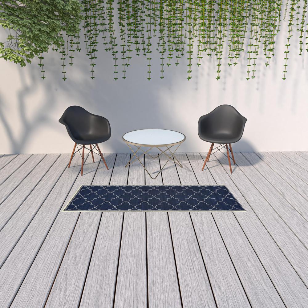 2' X 8' Blue and Ivory Geometric Stain Resistant Indoor Outdoor Area Rug. Picture 2