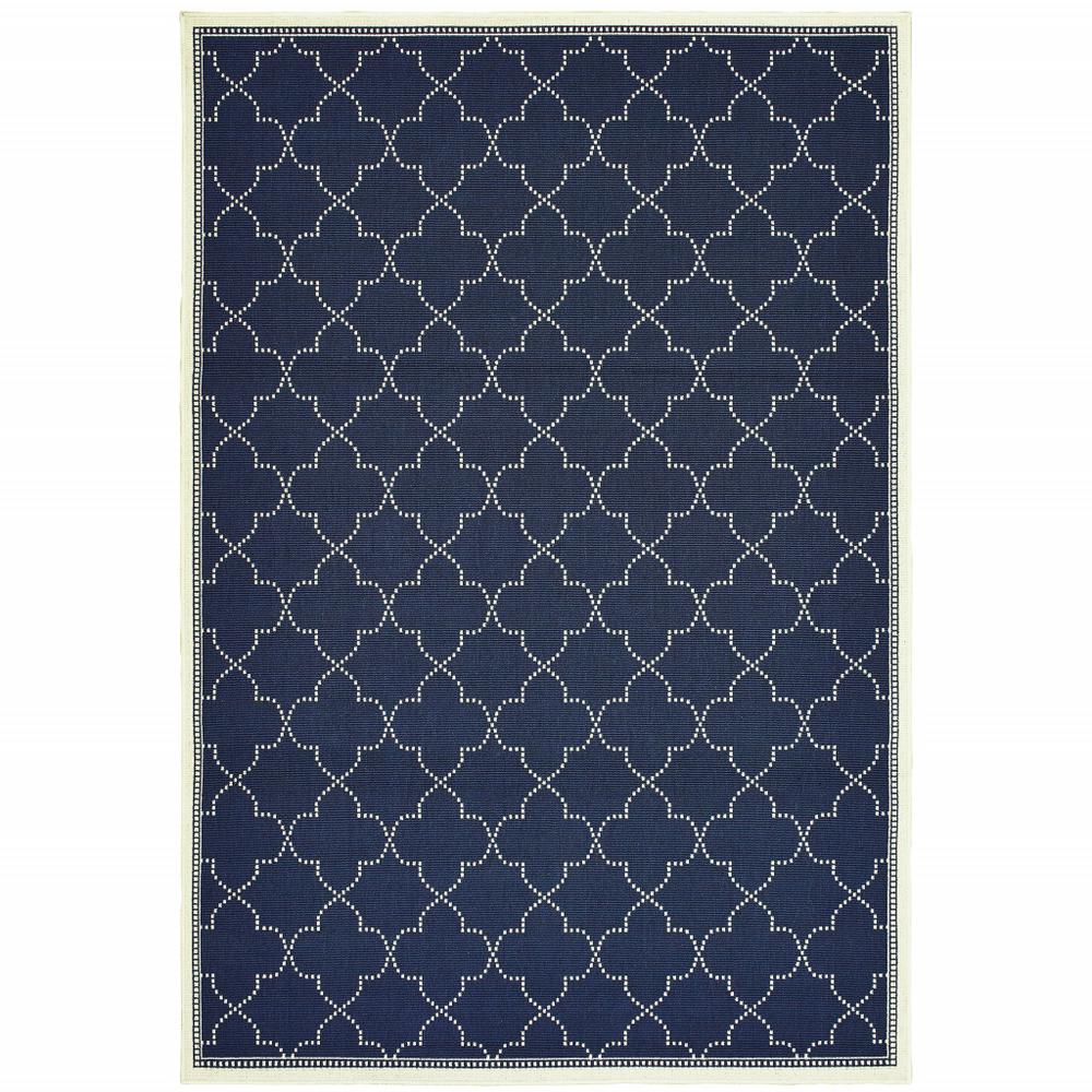 5' x 8' Blue and Ivory Geometric Stain Resistant Indoor Outdoor Area Rug. Picture 1