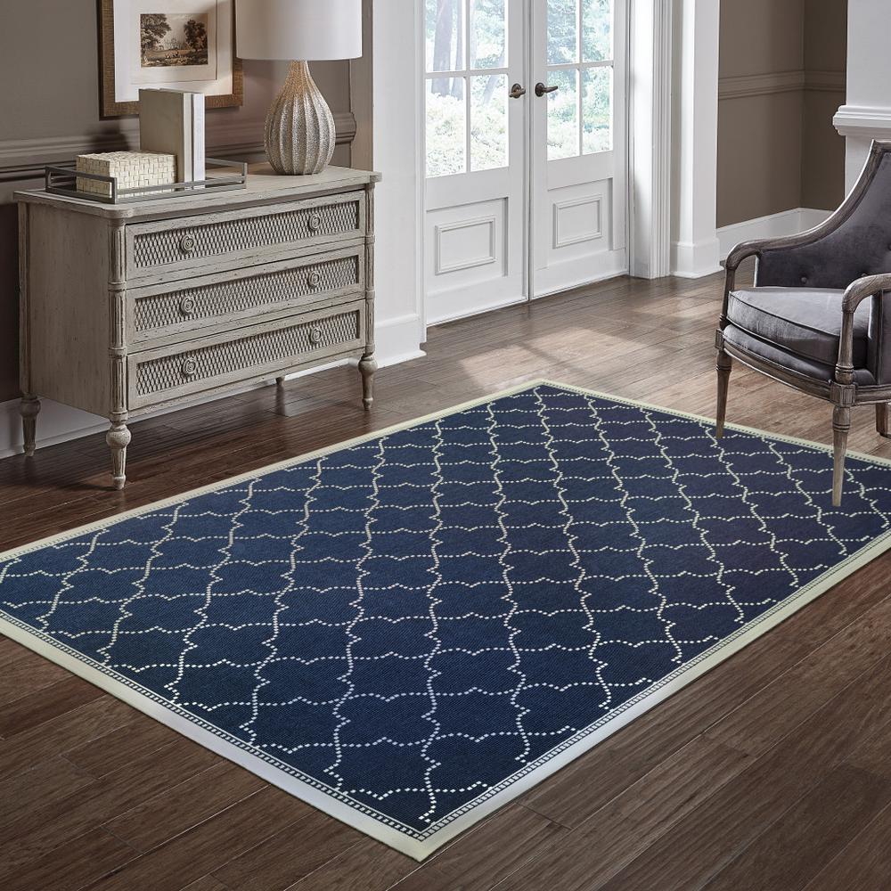 9' X 13' Blue and Ivory Geometric Stain Resistant Indoor Outdoor Area Rug. Picture 8