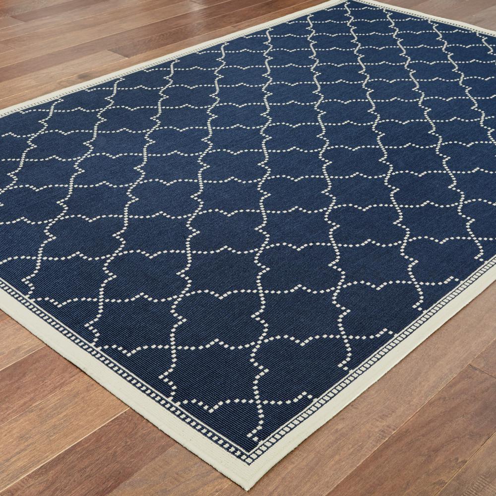 9' X 13' Blue and Ivory Geometric Stain Resistant Indoor Outdoor Area Rug. Picture 4