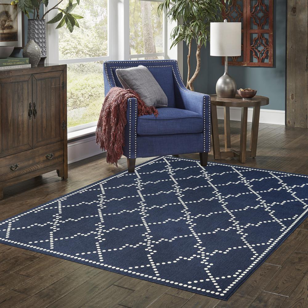 2' X 4' Blue and Ivory Geometric Stain Resistant Indoor Outdoor Area Rug. Picture 9