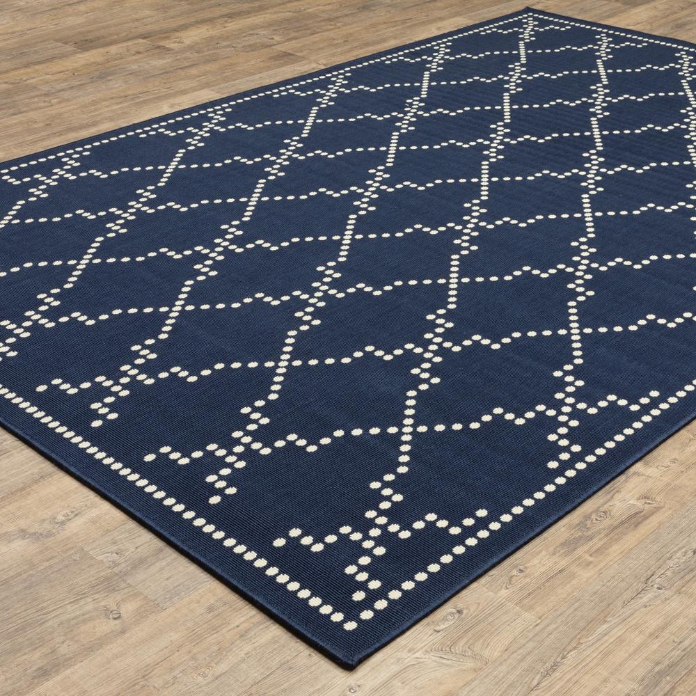 2' X 4' Blue and Ivory Geometric Stain Resistant Indoor Outdoor Area Rug. Picture 5