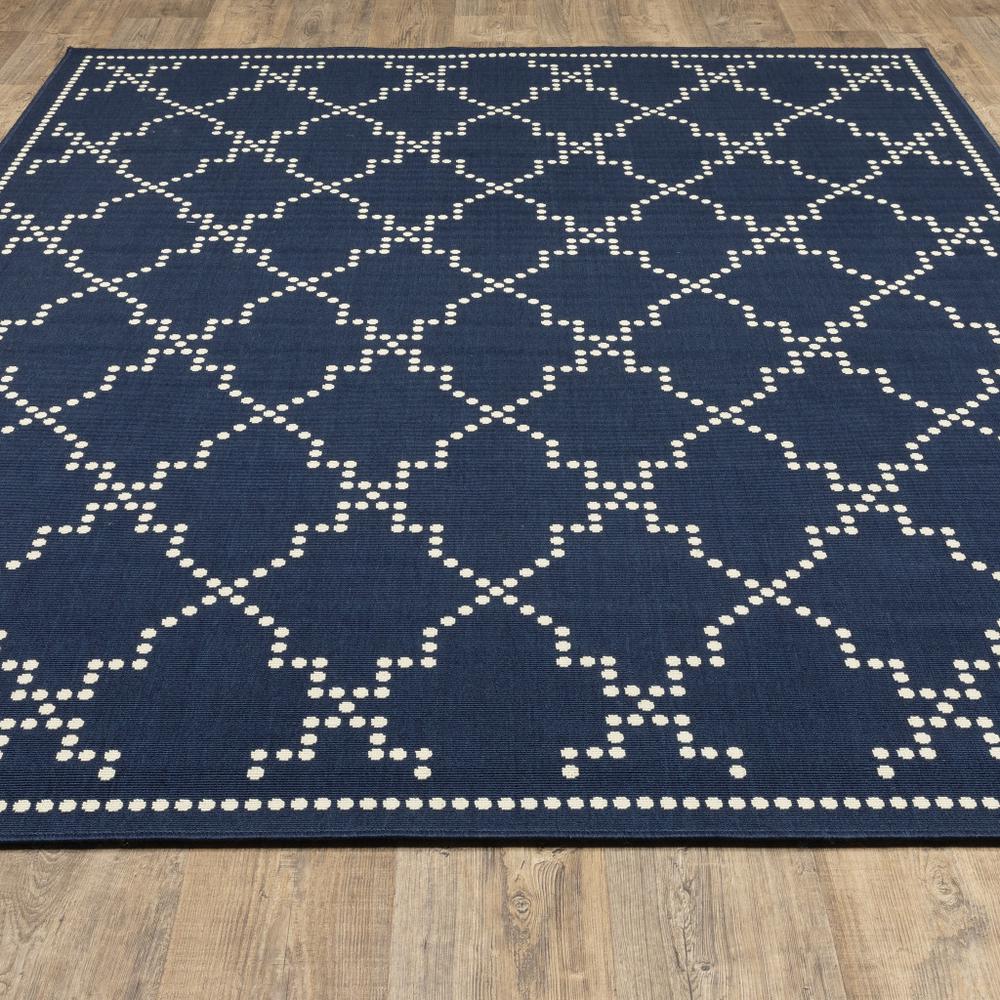 2' X 4' Blue and Ivory Geometric Stain Resistant Indoor Outdoor Area Rug. Picture 8