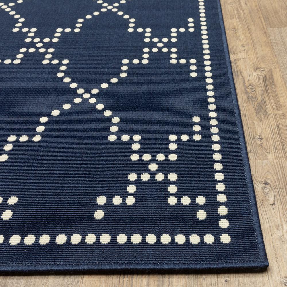 2' X 8' Blue and Ivory Geometric Stain Resistant Indoor Outdoor Area Rug. Picture 5
