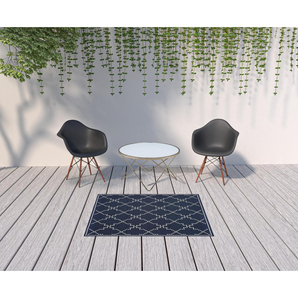 4' x 6' Blue and Ivory Geometric Stain Resistant Indoor Outdoor Area Rug. Picture 2