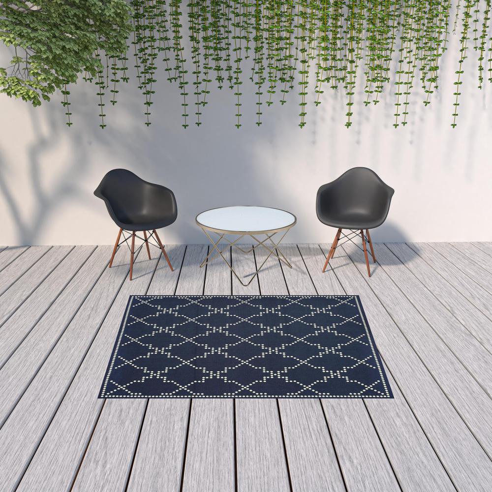 5' x 8' Blue and Ivory Geometric Stain Resistant Indoor Outdoor Area Rug. Picture 2