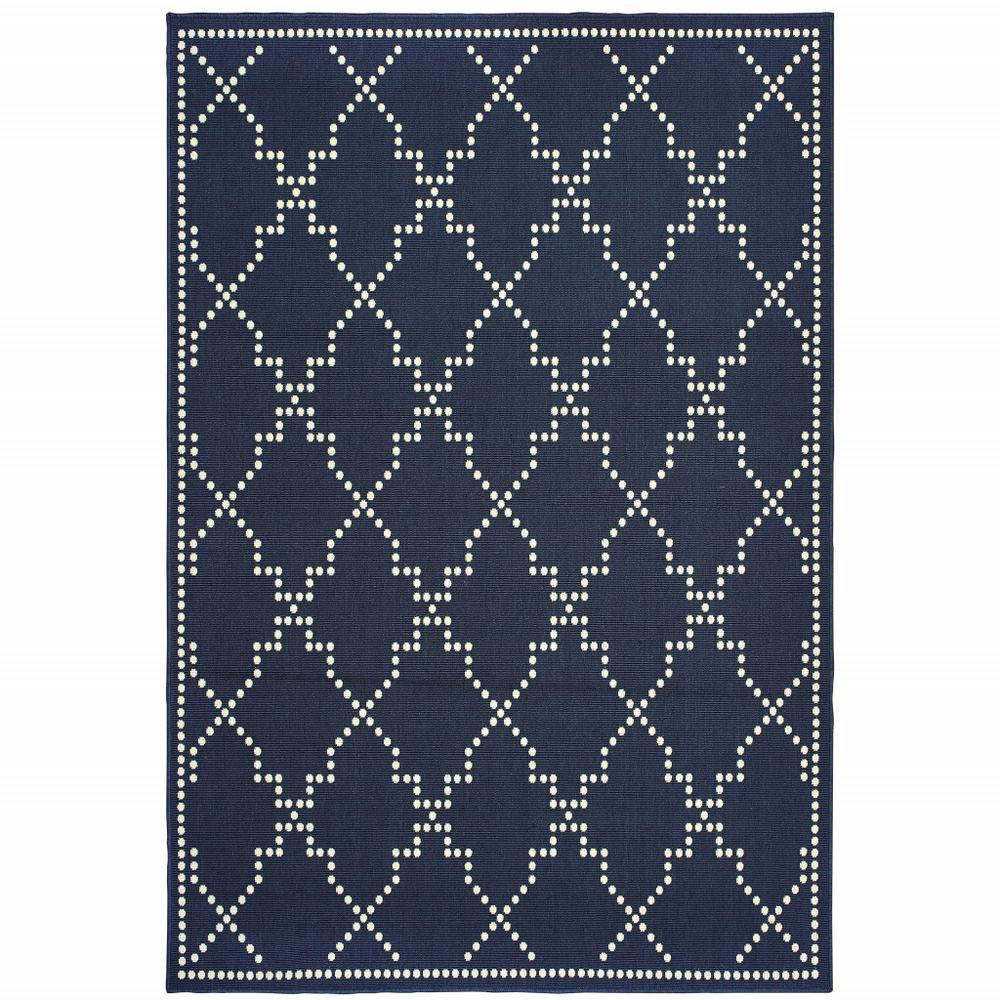 7' x 10' Blue and Ivory Geometric Stain Resistant Indoor Outdoor Area Rug. Picture 1