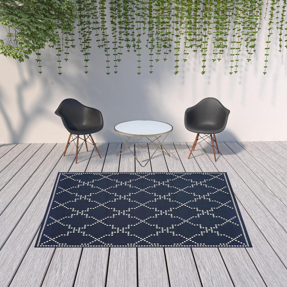 7' x 10' Blue and Ivory Geometric Stain Resistant Indoor Outdoor Area Rug. Picture 2