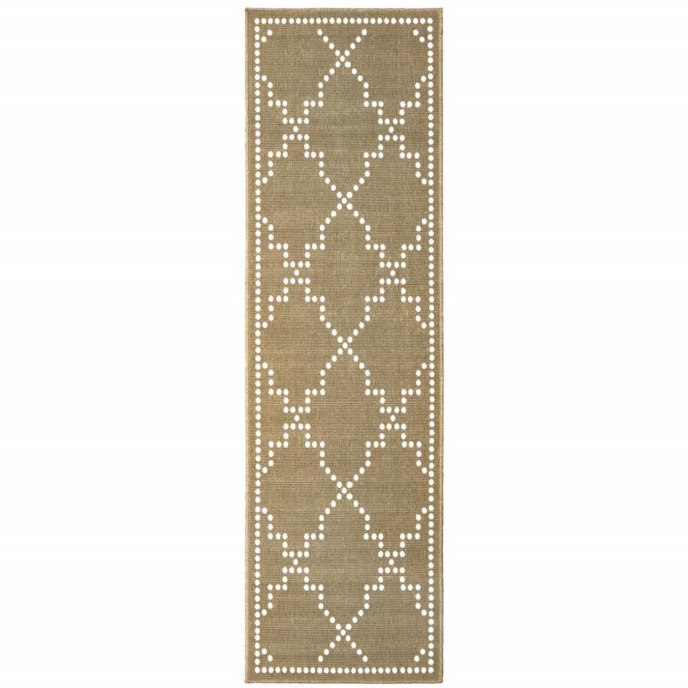 2' X 8' Tan Geometric Stain Resistant Indoor Outdoor Area Rug. Picture 1