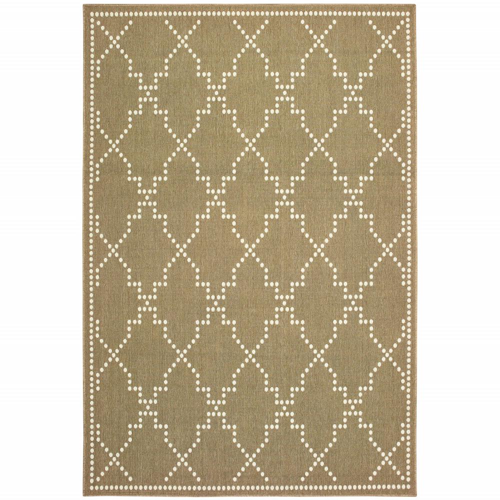 7' x 10' Tan Geometric Stain Resistant Indoor Outdoor Area Rug. Picture 1