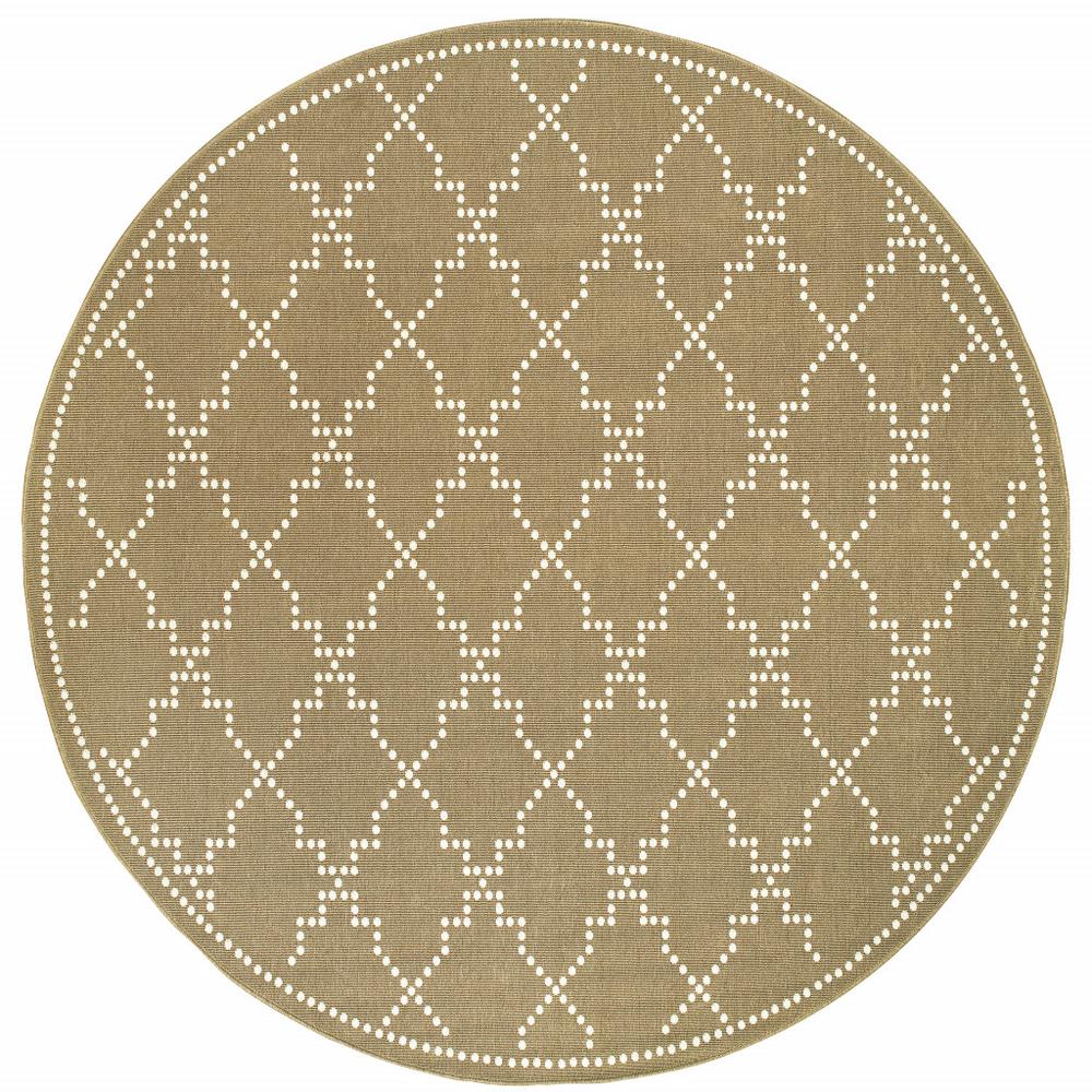 8' x 8' Tan Round Geometric Stain Resistant Indoor Outdoor Area Rug. Picture 1