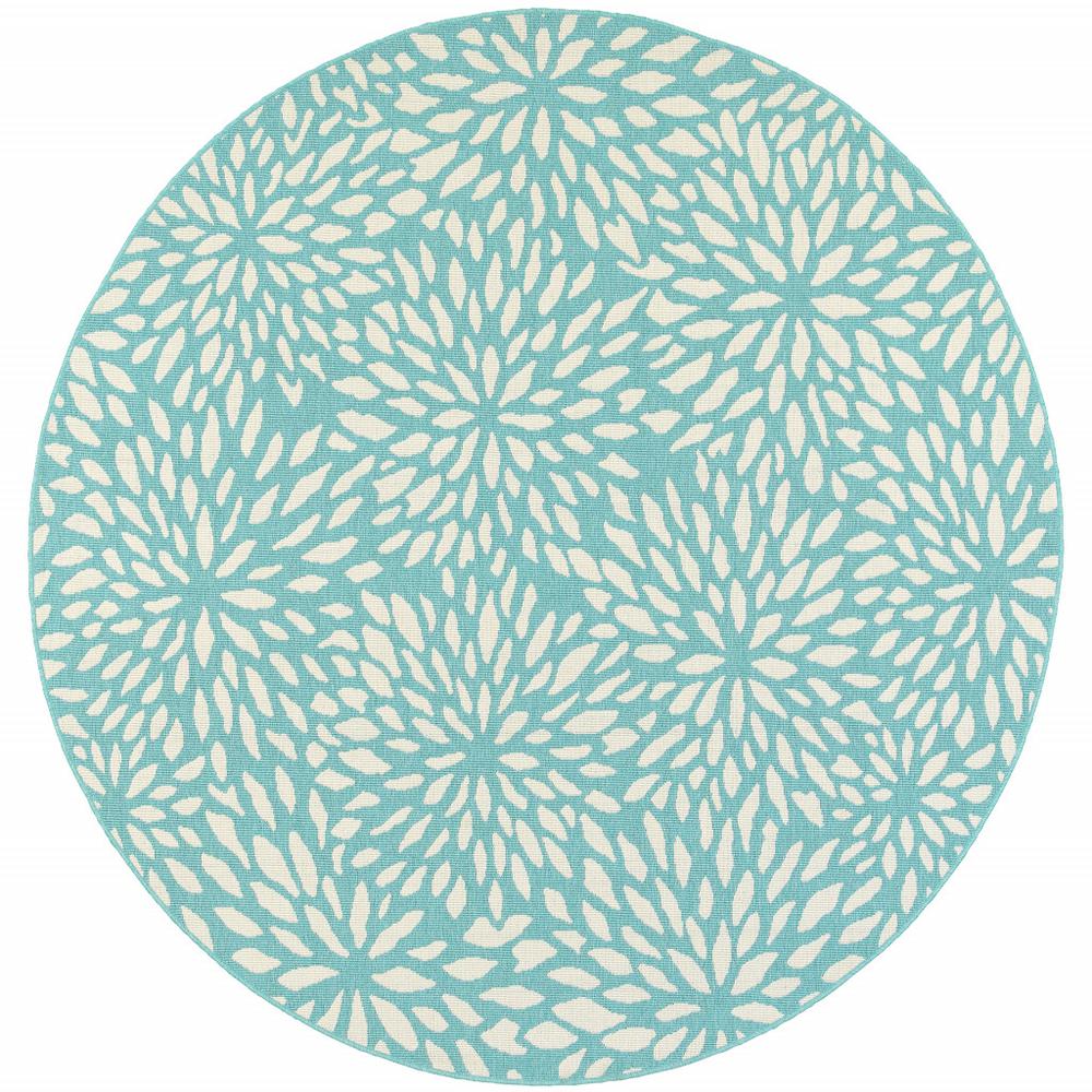 8' x 8' Blue and Ivory Round Floral Stain Resistant Indoor Outdoor Area Rug. Picture 1