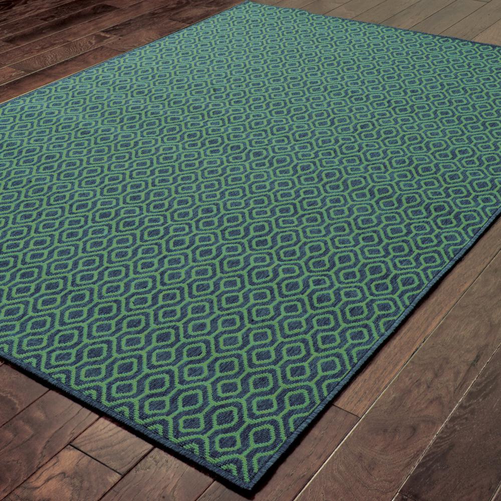 7' x 10' Blue and Green Geometric Stain Resistant Indoor Outdoor Area Rug. Picture 4