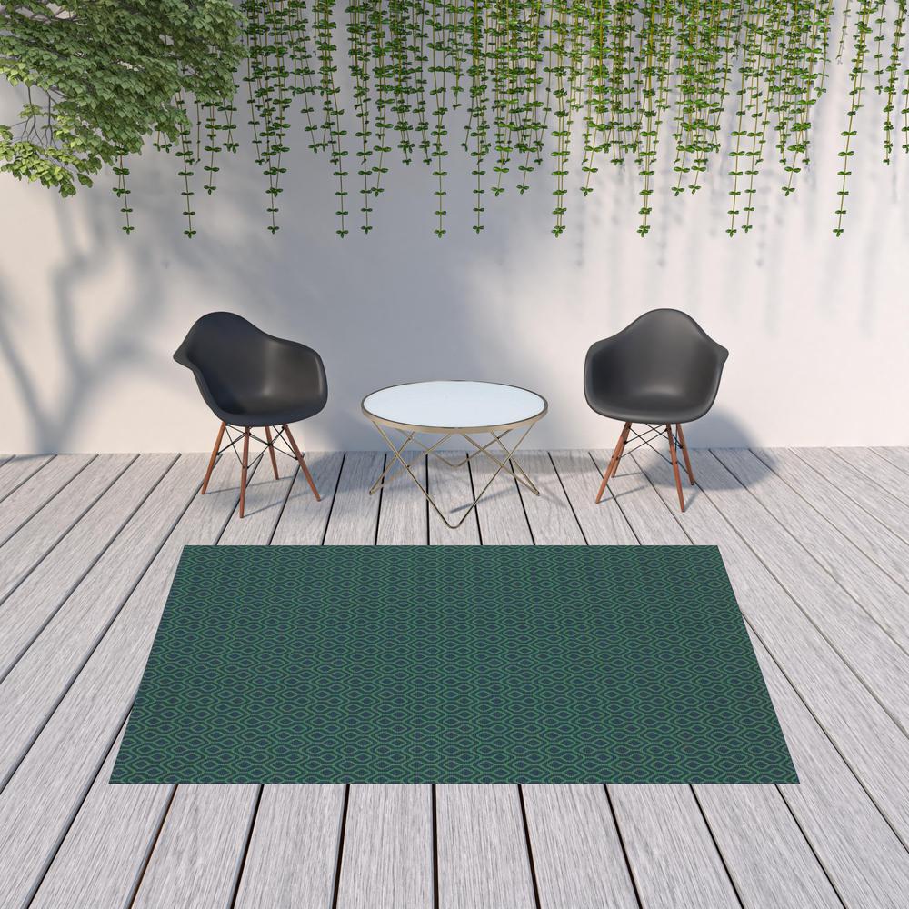 7' x 10' Blue and Green Geometric Stain Resistant Indoor Outdoor Area Rug. Picture 2