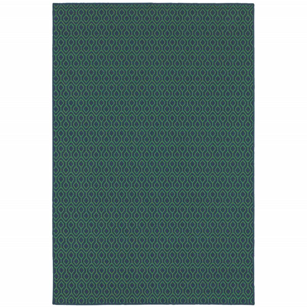 8' x 11' Blue and Green Geometric Stain Resistant Indoor Outdoor Area Rug. Picture 1