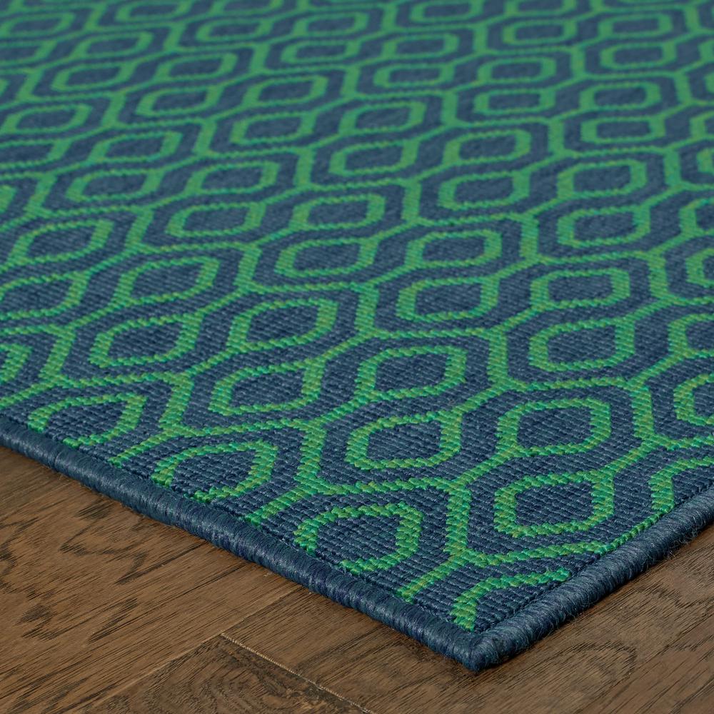 9' X 13' Blue and Green Geometric Stain Resistant Indoor Outdoor Area Rug. Picture 3