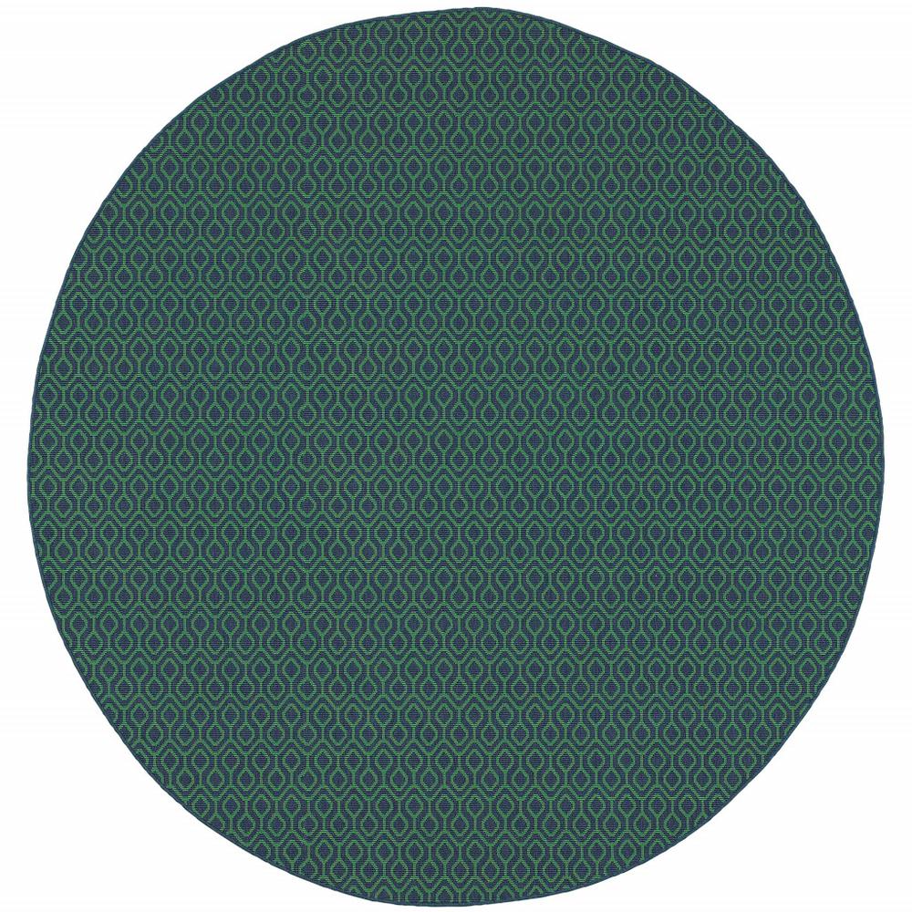 8' x 8' Blue and Green Round Geometric Stain Resistant Indoor Outdoor Area Rug. Picture 1