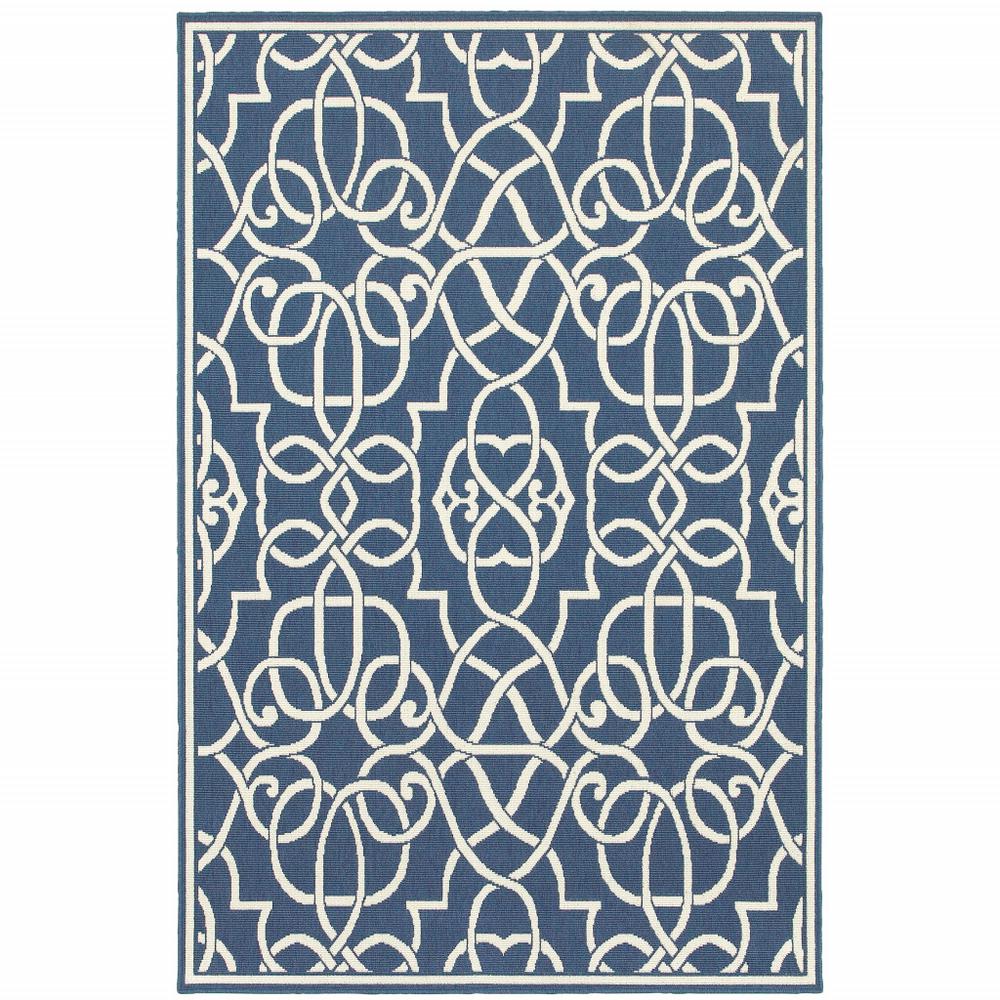 2' x 3' Blue and Ivory Geometric Stain Resistant Indoor Outdoor Area Rug. Picture 1