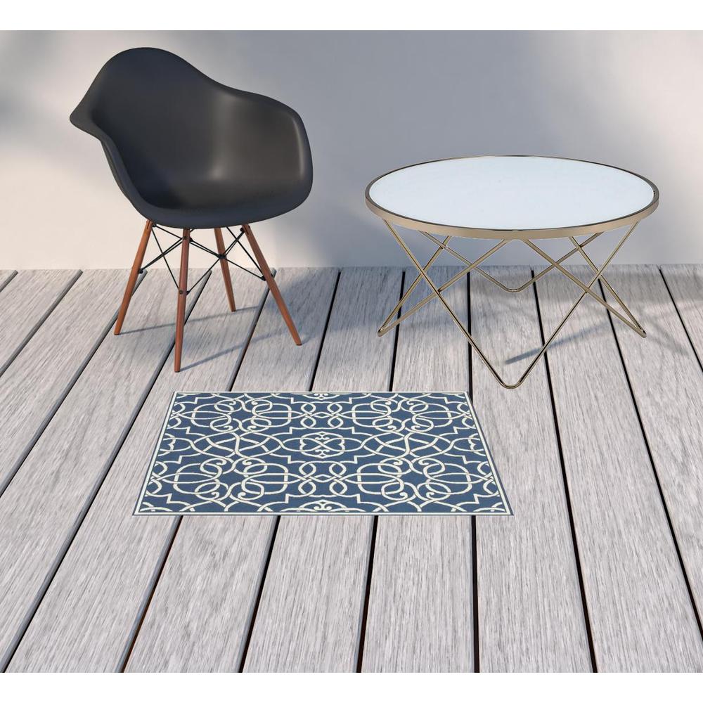 2' x 3' Blue and Ivory Geometric Stain Resistant Indoor Outdoor Area Rug. Picture 2